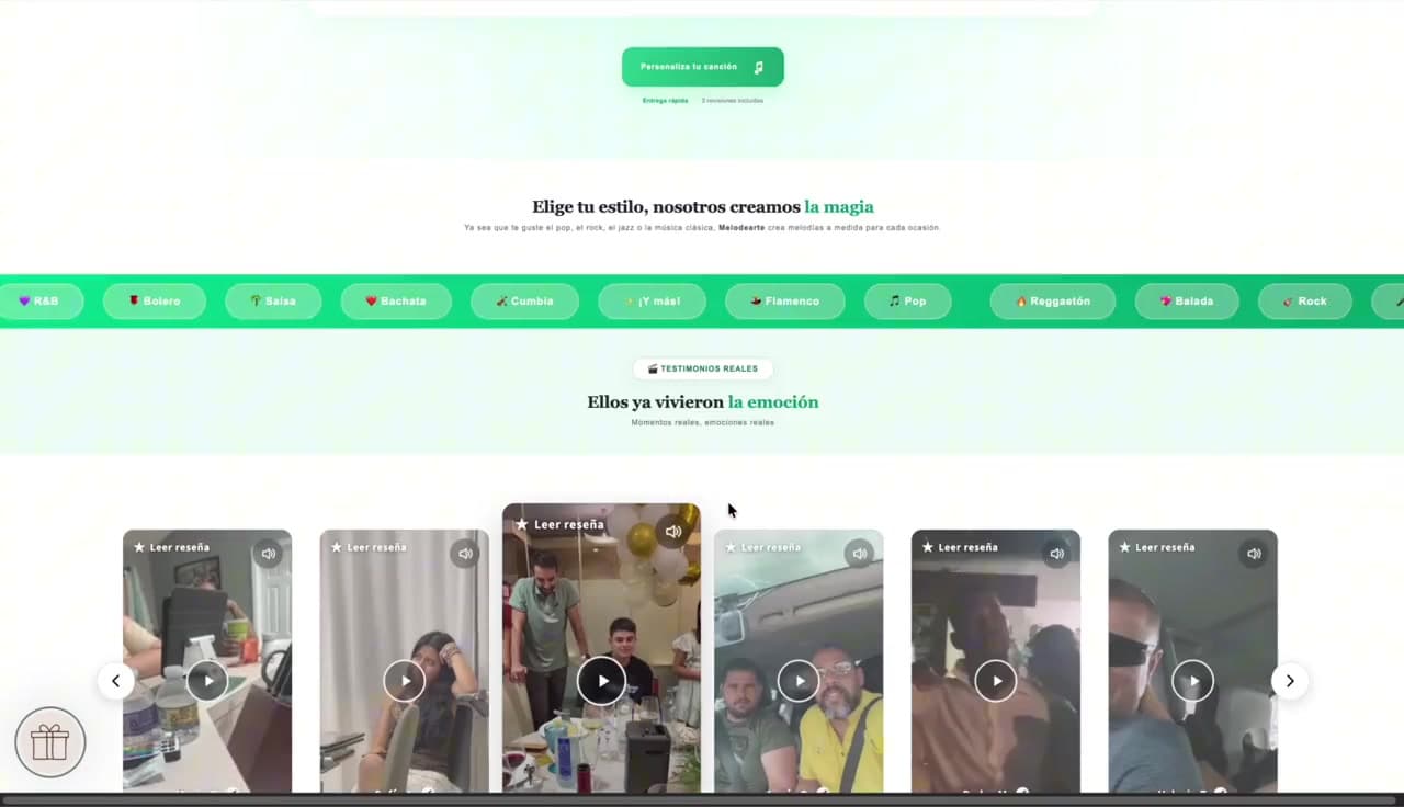 Selector de estilos musicales y vídeos de testimonios reales de clientes en Melodearte