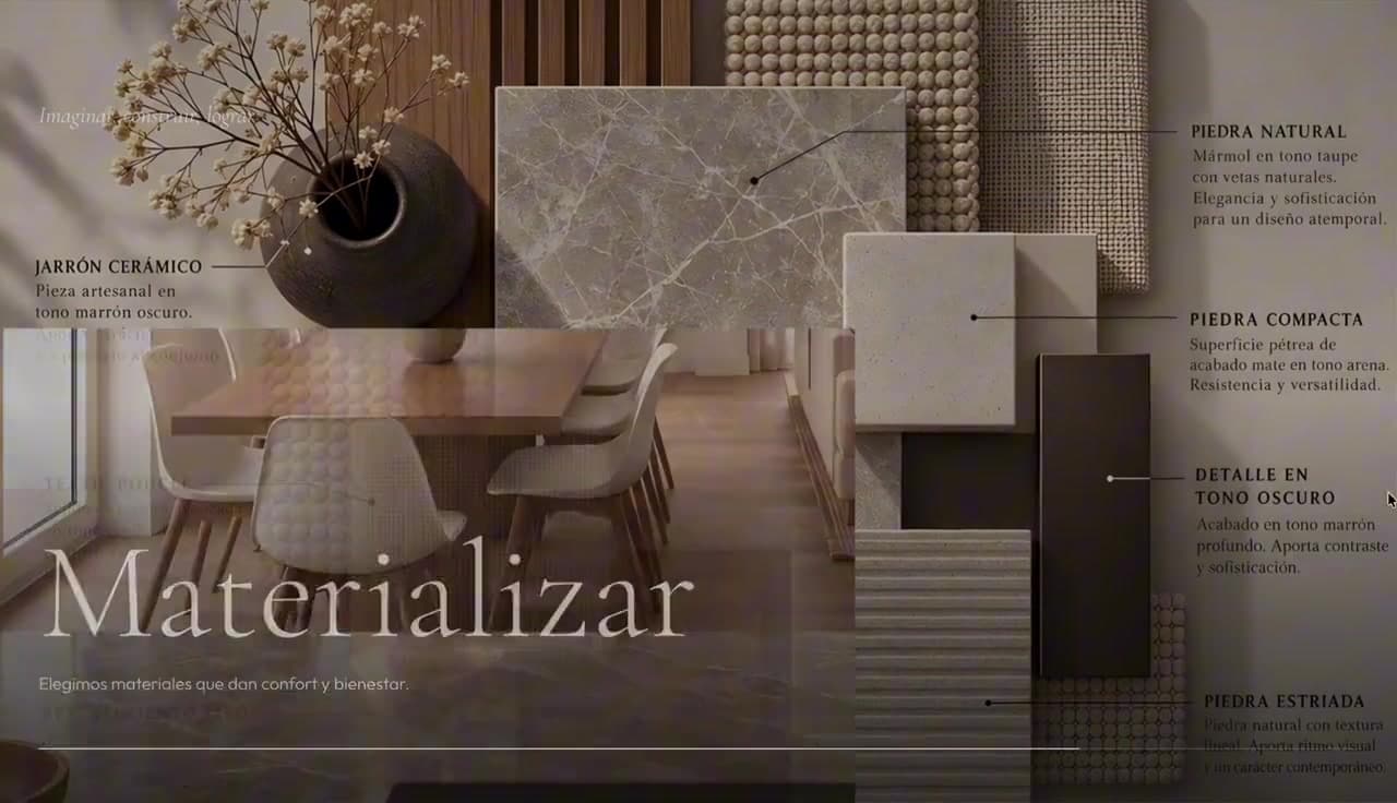 Sección del recorrido Materializar con el moodboard de materiales en LSM Arquitectura