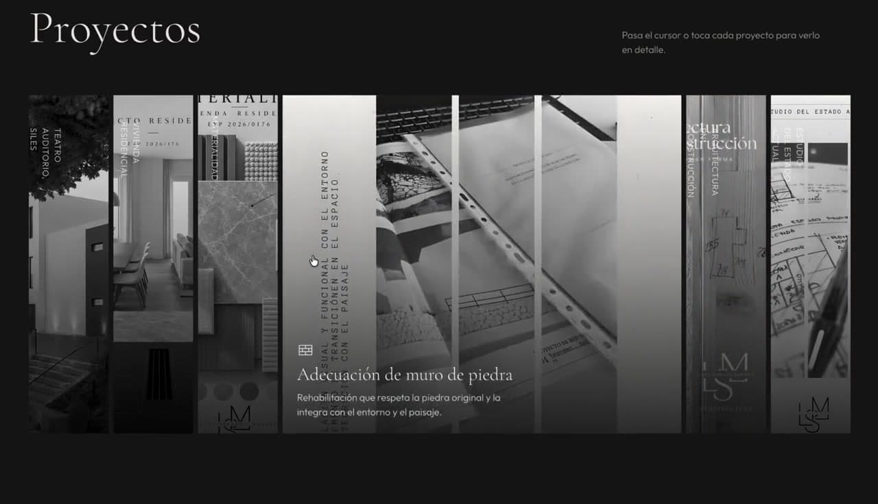 Tarjetas de proyectos que se expanden al pasar el cursor en LSM Arquitectura